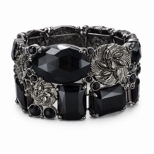 Chunky Black Rhinestone Stretch Bracelet Gunmetal Floral Statement